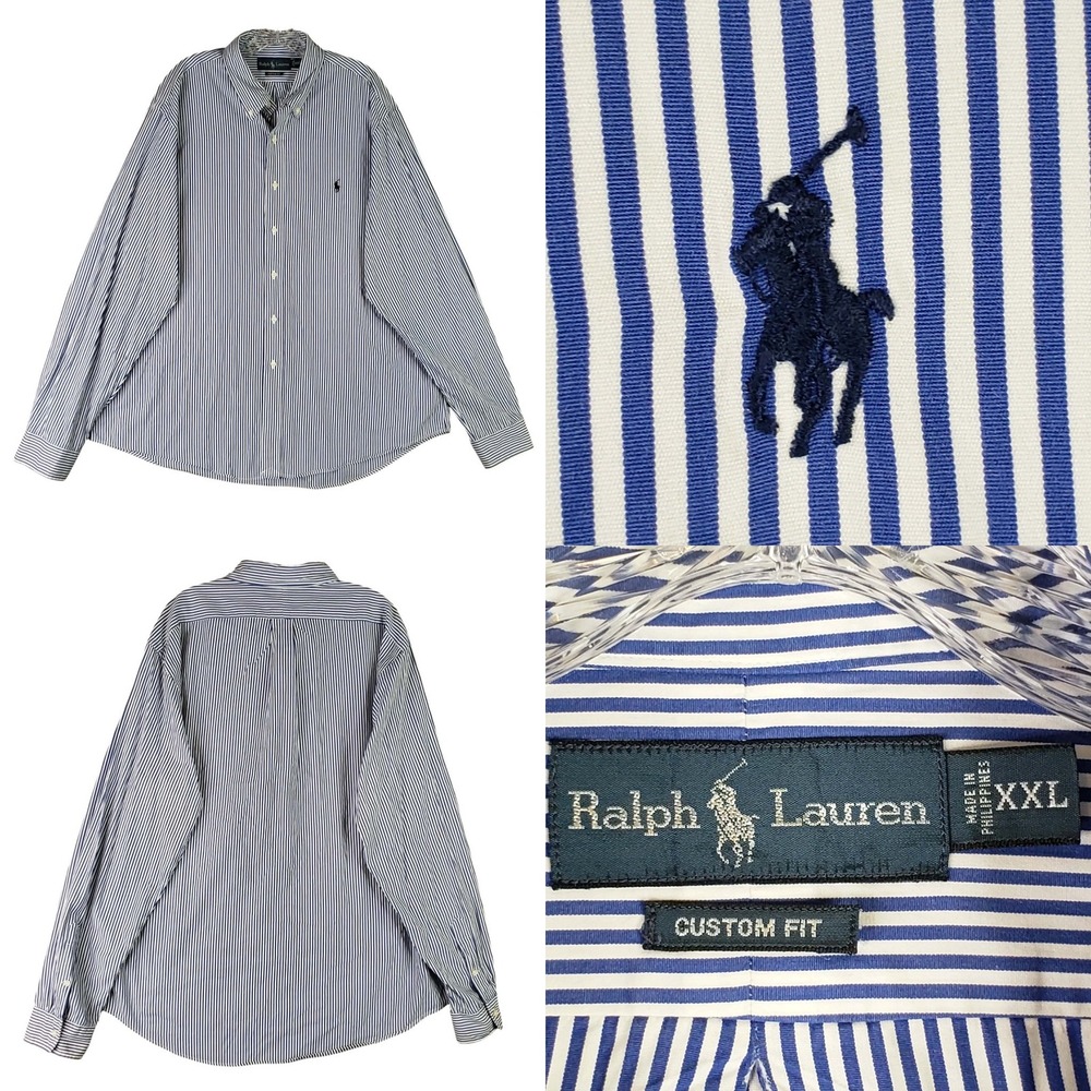 Ralph Lauren Button Down Shirt Mens XXL Blue White Stripe Custom Fit Long Sleeve
